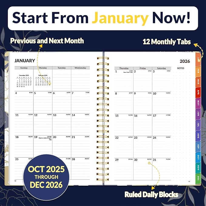 SUNEE 2026 Weekly and Monthly Planner - from January 2026 - December 2026, Daily Agenda Planner with Monthly Tab, Flexible Cover, Note Pages, Pockets, Bookmark, Spiral Binding, Vintage Floral, 6.4" x 8.3"