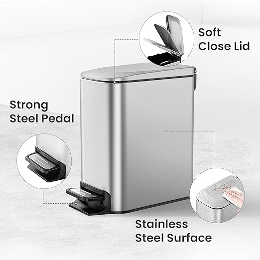 Cesun Small Bathroom Trash Can with Lid Soft Close, Step Pedal, 6 Liter / 1.6 Gallon Stainless Steel Mini Garbage Can for Office, Outdoor Trash Bin with Removable Inner Bucket (Silver)