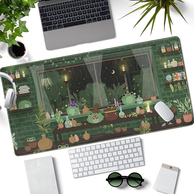 Mechanical Cattle Cute Desk Mat Kawaii Frog Mouse Pad Green Desk Anime Mat Large Gaming Mouse Pad Desk Computer Keyboard Pad Desk Home Office Accessories Girl Stitched Eges (31.5x15.7 in) WER236