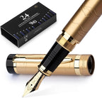Wordsworth & Black Primori Fountain Pen Set [Stunning Gold]; Medium Nib, Gift Case, 24 Ink Cartridges, Refill Converter, Manual; Journaling, Calligraphy, Smooth Writing Pens; Left and Right Handed
