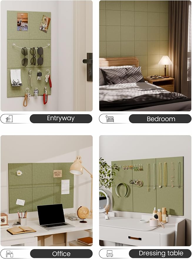 Fluxynara Felt Bulletin Board Tiles -28"x18" Cork Board Alternative for Office Decor, Push Pin Board Wall Organizer 6-Pack -Olive Green