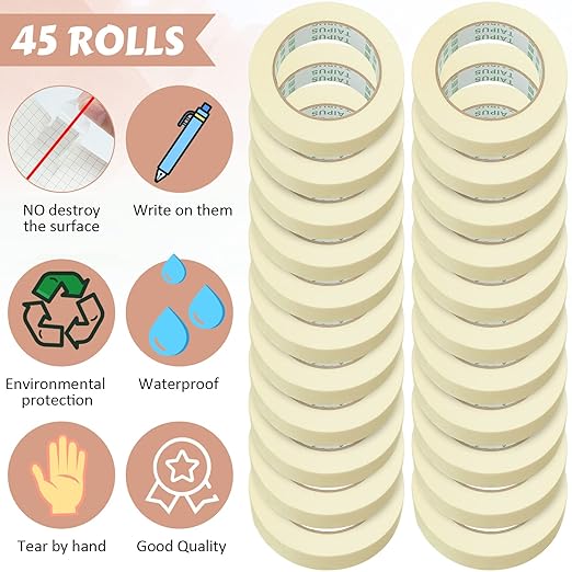 Fainne Masking Tape Bulk General Purpose Masking Painting Tape 55 Yards for Painting Home Office School Stationery Arts Crafts Basic Use, Easy Removal(45 Rolls,1 Inch)