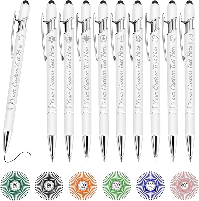 Custom Pens Bulk Personalized Ballpoint Pen with Stylus Tip Customized Engraved Pens with Name Logo Soft Black Ink with Touch Metal Office for Business Office Teacher School Corporate Gifts White