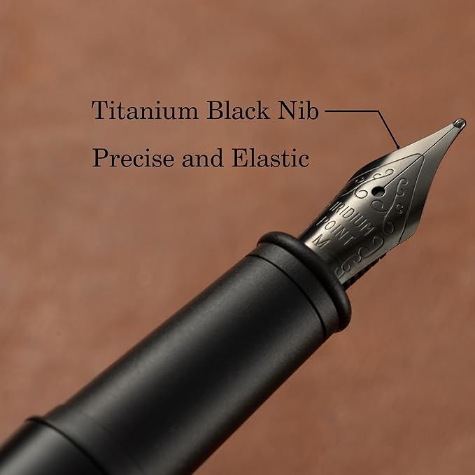HUASHILAI Luxury Matte Black Forest Fountain Pen Set,Titanium Black Extra Fine and Medium Nibs,Includes 2 Ink Converters,10 Ink Cartridges,15ml ink，Premium Gift Case for Calligraphy (Medium Nib)