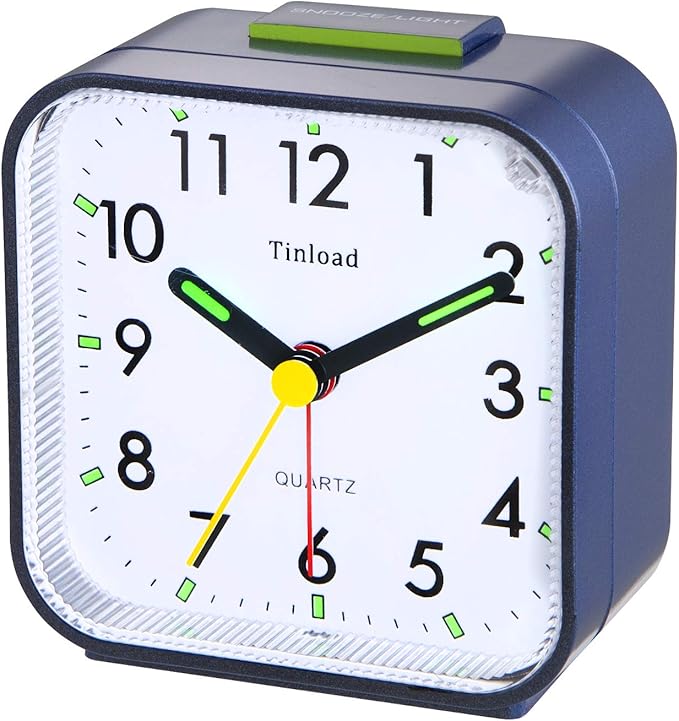 Tinload Small Battery Operated Analog Alarm Clock Silent Non Ticking, Ascending Beep Sounds, Snooze,Light Functions (Blue)