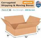 Medium Moving & Shipping Boxes 14"L x 11"W x 3"H (25-Pack) - Extra Strength 200 lb vs Regular - Corrugated Packaging Boxes, Made in USA - Medium Box - Cardboard Packing Box by IDL Packaging