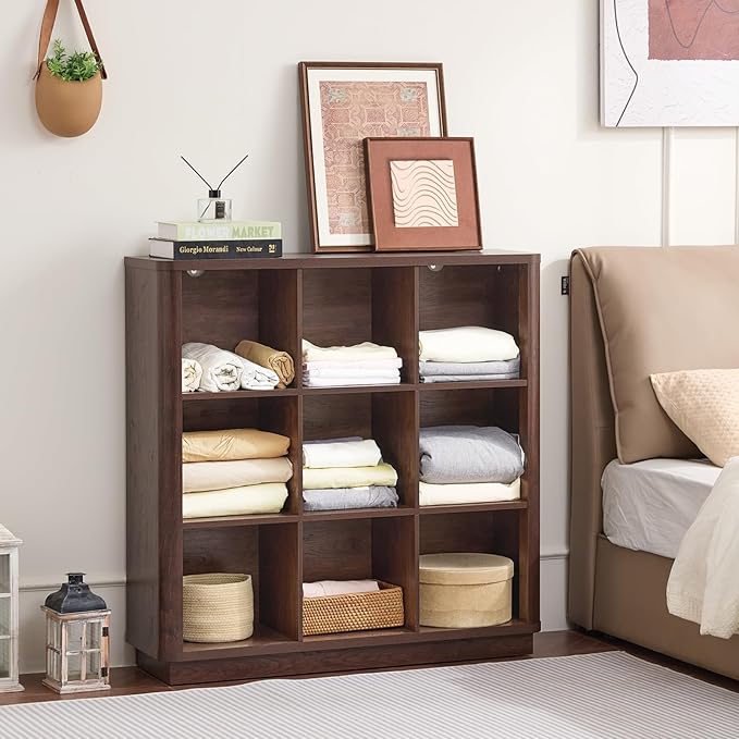 Joaxswe 9 Cube Bookshelf, 41" Tall Organizer Bookcase with Curved Edge, Wood Floor Standing 3-Tier Cubby Book Shelf with Base, Vinatge Display Storage Cabinet for Living Room, Home Office, Walnut