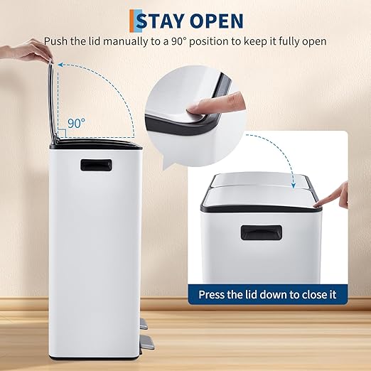 Garvee Dual Trash Can, 16 Gal (2 x 30 l) Stainless Steel Kitchen Garbage Can with Lid and Inner Bucket, Double Compartment Trash and Recycle Bin Combo with Step Pedal for Home Office, White