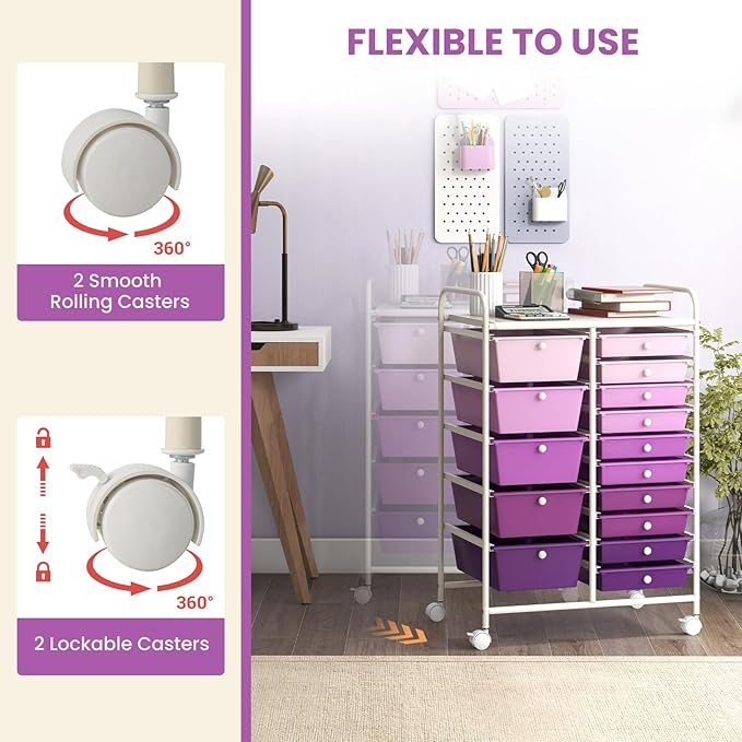 LDAILY 15 Drawer Rolling Storage Cart, Rolling Cart with Drawers for Classroom, Art Supply Craft Organizer on Wheel with Metal Frame & Handles for Home Office School