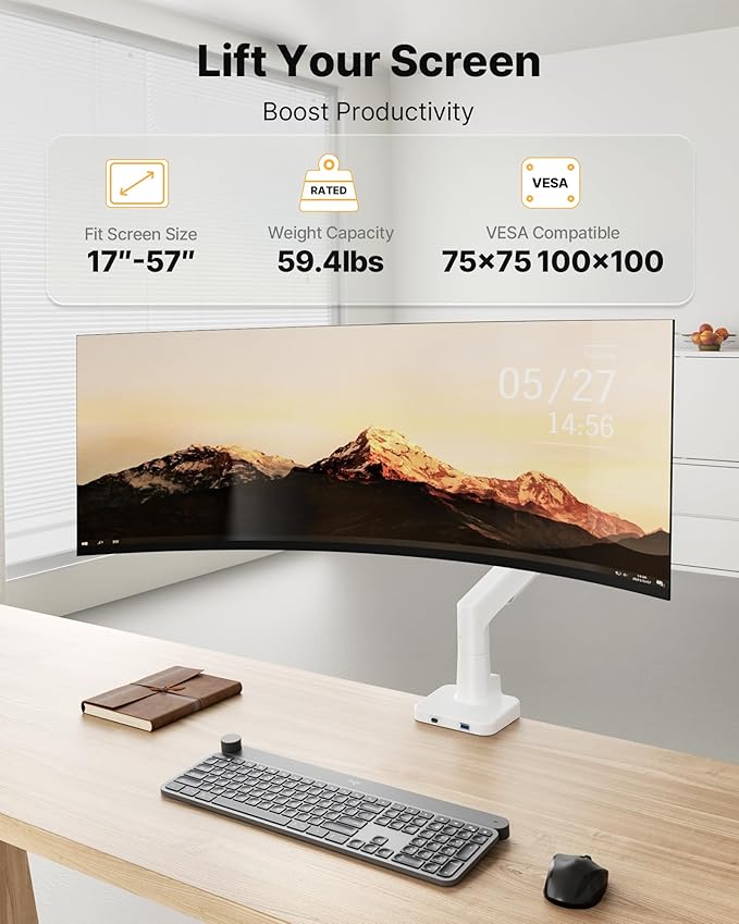 monTEK Sleek Aluminum Monitor Arm for 17–57” Ultrawide Screens up to 59.4 lbs, USB 3.0 A/C, Heavy Duty Single Monitor Arm Desk Mount, Pneumatic Lift, Quick-Release Plate, Clamp/Grommet, VESA 100x100