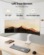 monTEK Sleek Aluminum Monitor Arm for 17–57” Ultrawide Screens up to 59.4 lbs, USB 3.0 A/C, Heavy Duty Single Monitor Arm Desk Mount, Pneumatic Lift, Quick-Release Plate, Clamp/Grommet, VESA 100x100