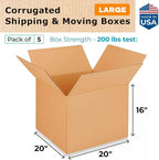 Extra Large Shipping & Moving Boxes 20 x 20 x 16 inches (5-Pack) - Extra Strength 200 lb vs Regular - Corrugated Shipping Box, Made in USA - Heavy Duty Shipping Box by IDL Packaging