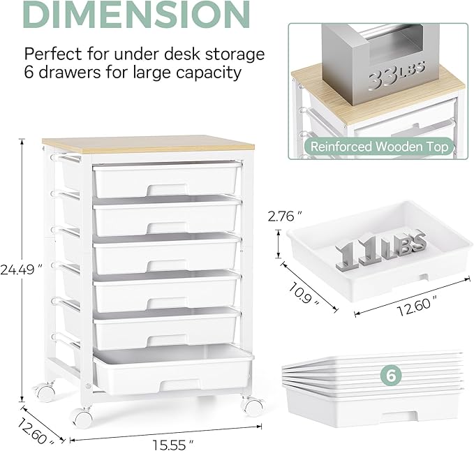 SYKIARIOL Rolling Storage Utility Cart with 6 Drawers and Wooden Tabletop for Under Desk Storage,White
