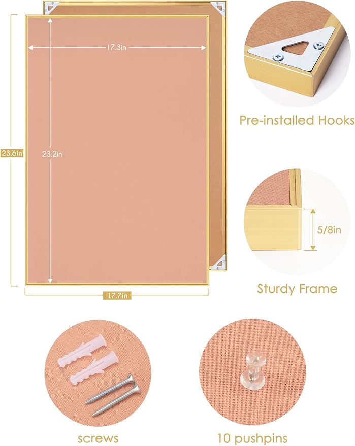 Bulletin Board 23.6 x 17.7 inches, Blush Coral Pin Board, Golden Aluminum Framed Fabric Cork Board with 10 Push Pins