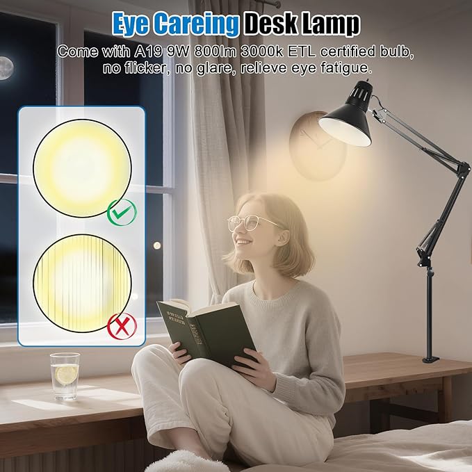DXOVEEN LED Clamp on Desk Lamp,360°Adjustable Swing Arm Desk Lamp,Clamp Light with Eye-Caring LED Bulb for Home Office Reading Drafting