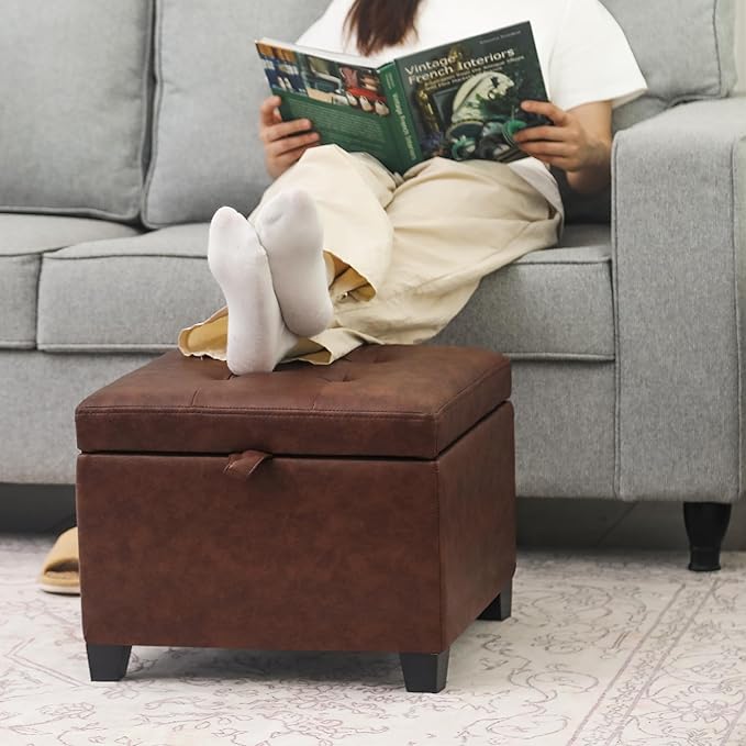 Adeco Small Faux Leather Storage Ottoman Bench with Wood Legs, Square Red & Brown PU Cube Foot Stool, Upholstered Button Tufted Vanity Chair with Hinged Lid for Living Room, Bedroom, Dorm