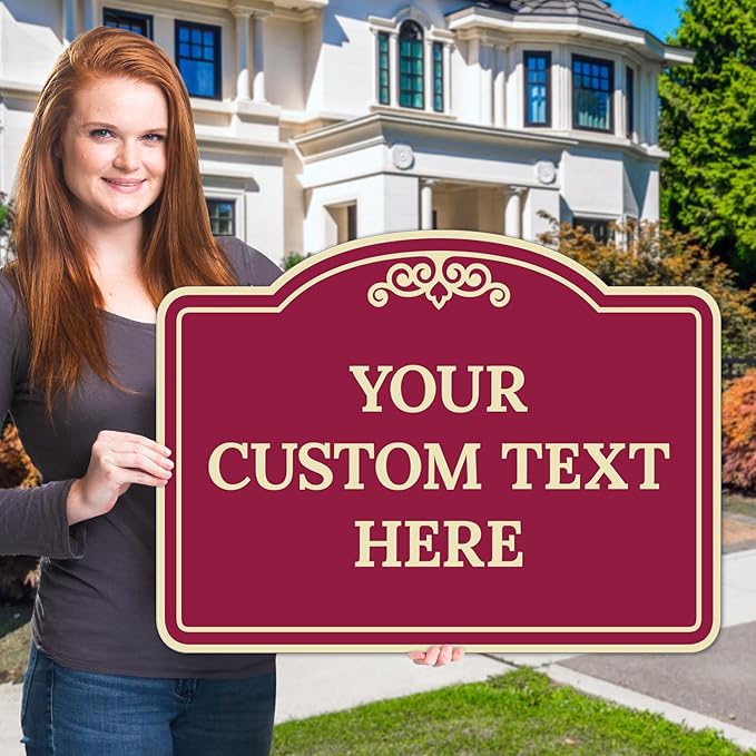 Custom Decorative Sign, Personalized Metal Sign for Driveway, Home, Airbnb, Door Plaque, Burgundy Background Sign, 18x24 Inches, ACM, Fade Resistant, Made in USA by Sigo Signs