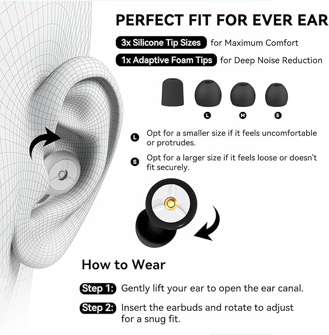 AuralProtek Ear Plugs for Sleeping Noise Cancelling, 24-30dB Ear Plugs for Noise Reduction, Hearing Protection, Silicone Soft Reusable EarPlugs for Sleep, Concert, Focus with Case & 4 Pair Eartips