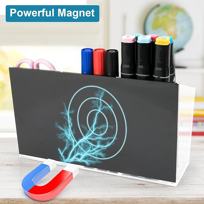 VACONICO Magnetic Pen Holder, Acrylic Dry Erase Marker Holder, Large Capacity Pencil Holder for Whiteboards, Fridge, Lockers Office School Supplies (Clear & 3 Compartments)
