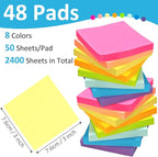 48 Pack 2400 Sheets Sticky Notes 3x3, 8 Colors Sticky Note Pads, Colored Sticky Notes Bulk Postits Notes for Office, School, and Home Supplies, 50 Sheets/pad