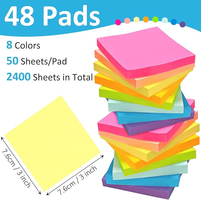 48 Pack 2400 Sheets Sticky Notes 3x3, 8 Colors Sticky Note Pads, Colored Sticky Notes Bulk Postits Notes for Office, School, and Home Supplies, 50 Sheets/pad