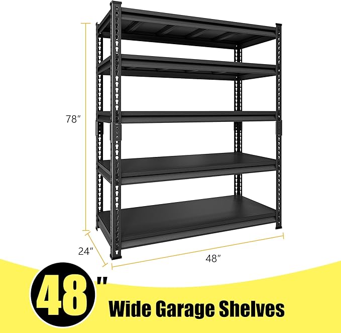 SDXYSTCE 48" W Garage Storage Shelves Heavy Duty, 3000LBS Loads Adjustable Garage Shelving, 5-Tier Metal Shelving Units and Storage Racks, Industrial Utility Shelf,48" Wx24 Dx78 H, Black