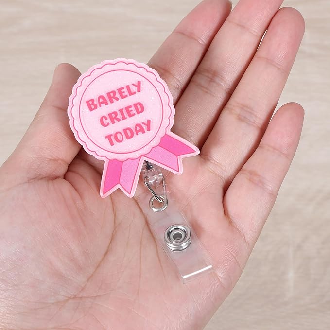 Barely Cried Today Funny Nurse Badge Reel, Cute Pink Ribbon Retractable ID Card Pediatric Badge Holder, Name Tag Medical Work Badge Clip for RN ER PM Critical Care Nurse Psychotherapist Mental Health