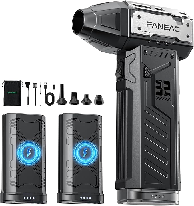 FANEAC X305 Compressed Air Duster with 2 Removeable Battery, 3-Speed Adjustable & 4 Nozzles, Ultra-Powerful 32mm 150,000 RPM BLDC, for Keyboard, Computer, House Cleaning