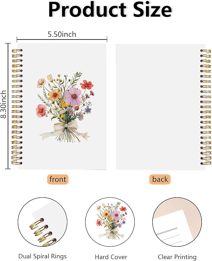 BitKan Floral Spiral Notebook, Pretty Wildflower Flower Journal, Cottagecore Floral Aesthetic Journal for Women, Preppy Bow Botanical Colorful Flower Notebook 5.5x8.3 Inch-374