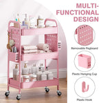 KINGRACK 3 Tier Rolling Cart with DIY Hanging Board, Metal Rolling Utility Cart with Wheels Handles Baskets Hooks, Rolling Storage Cart Suitable for Bathroom, Kitchen, Office, Nursery Diaper (Pink)