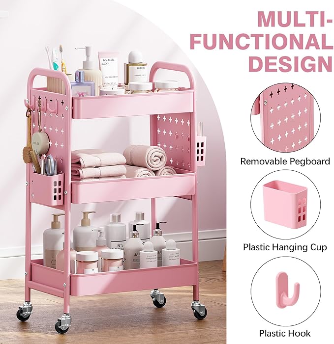 KINGRACK 3 Tier Rolling Cart with DIY Hanging Board, Metal Rolling Utility Cart with Wheels Handles Baskets Hooks, Rolling Storage Cart Suitable for Bathroom, Kitchen, Office, Nursery Diaper (Pink)