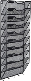 EasyPAG 10 Pocket Mesh Wall File Organizer with Key Hooks, Hanging Paper Folder Holder with Classify Label, Vertical Wall Mount Mail Organizer for Office Home Classroom, Black