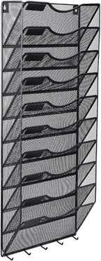 EasyPAG 10 Pocket Mesh Wall File Organizer with Key Hooks, Hanging Paper Folder Holder with Classify Label, Vertical Wall Mount Mail Organizer for Office Home Classroom, Black