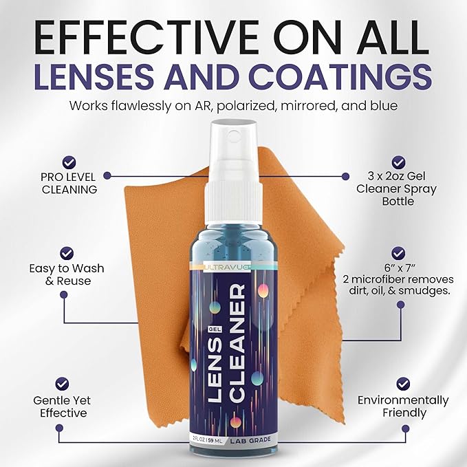 ULTRAVUE Eyeglass Gel Lens Cleaner Spray Kit - 3 x 2oz Gel Eyeglasses Cleaner Spray Bottle + 2 Microfiber Cloth for Cleaning - Safe for All Lenses (AR Coated Included), Eyeglasses and Screens