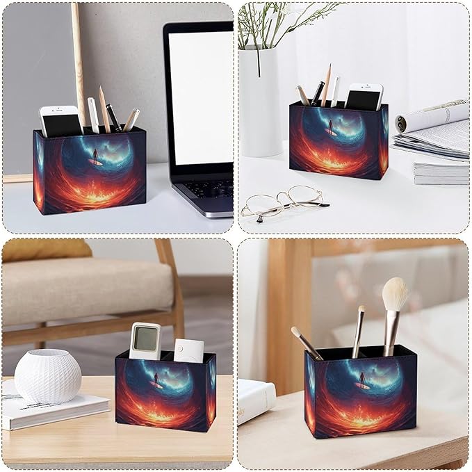 Famame Astronaut Surfing Space Wave Pencil Holder for Desk, Leather Desktop Container Pen Cup Storage Study Table Pen Organizer Makeup Brush Holder for Classroom Office Home