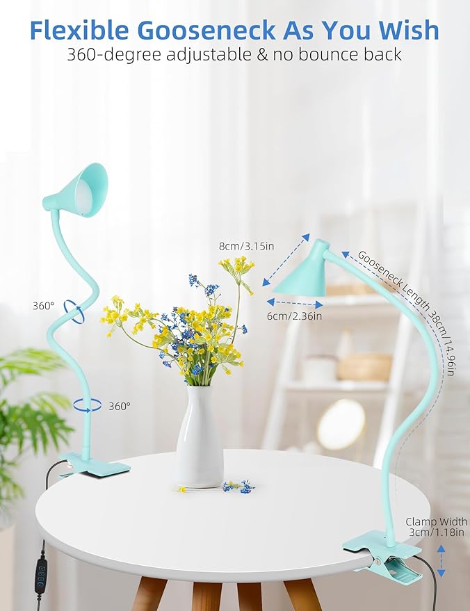LiFMIRA Reading Light for Bed, Clip-on Desk Lamp with Flexible Neck, 3 Color Modes & 10 Dimmable Brightness, Teal