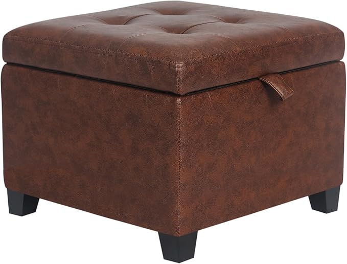 Adeco Small Faux Leather Storage Ottoman Bench with Wood Legs, Square Red & Brown PU Cube Foot Stool, Upholstered Button Tufted Vanity Chair with Hinged Lid for Living Room, Bedroom, Dorm