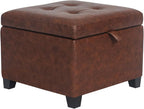 Adeco Small Faux Leather Storage Ottoman Bench with Wood Legs, Square Red & Brown PU Cube Foot Stool, Upholstered Button Tufted Vanity Chair with Hinged Lid for Living Room, Bedroom, Dorm