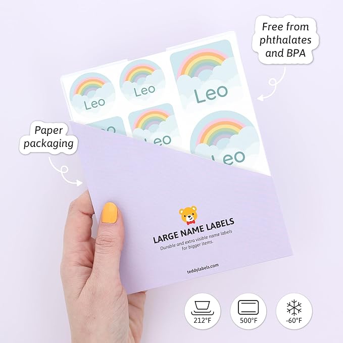 Large Name Labels for Kids (33) - Custom Stickers for Daycare and School Supplies - Durable, Waterproof Stickers for Water Bottles, Lunch Boxes, and More with Unique Designs - Rainbow