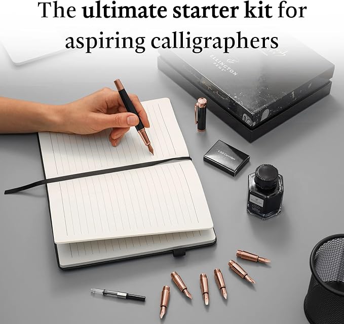 Ellington Pens Luxury Calligraphy Set - Premium Fountain Pen with 6 Nibs, 50 ml Black Ink Bottle, 6 Cartridges, Converter, Elegant Gift Box – Perfect for Drawing, Writing, Gifting (Midnight Rose)
