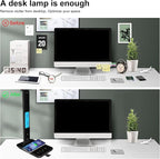 snsok Desk Light with Wireless Charger, USB Charging Port, Dimmable Office Desk Lamp with Clock, Alarm, Date, Temperature, Foldable Lamp for Table Bedroom Bedside Office