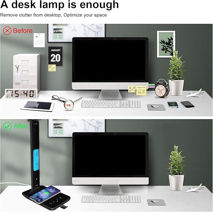 snsok Desk Light with Wireless Charger, USB Charging Port, Dimmable Office Desk Lamp with Clock, Alarm, Date, Temperature, Foldable Lamp for Table Bedroom Bedside Office