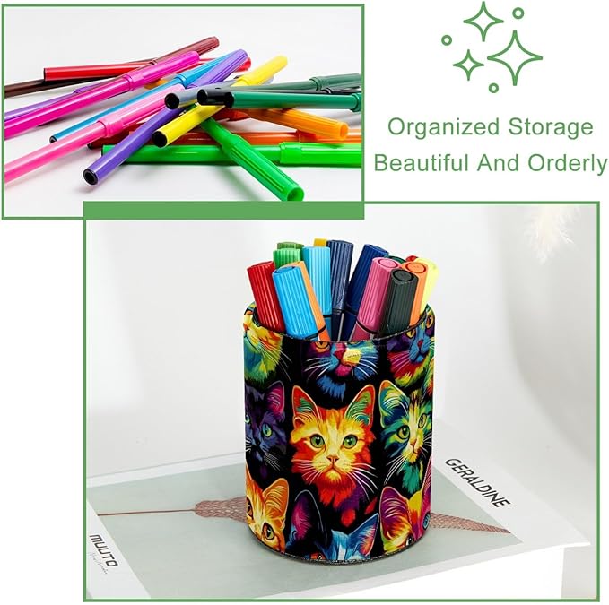 Leather Pen Holder for Desk, Colorful Cat Pattern Pencil Cup Desktop Organizer Makeup Brush Holders Office Supplies for Home, Kids & School
