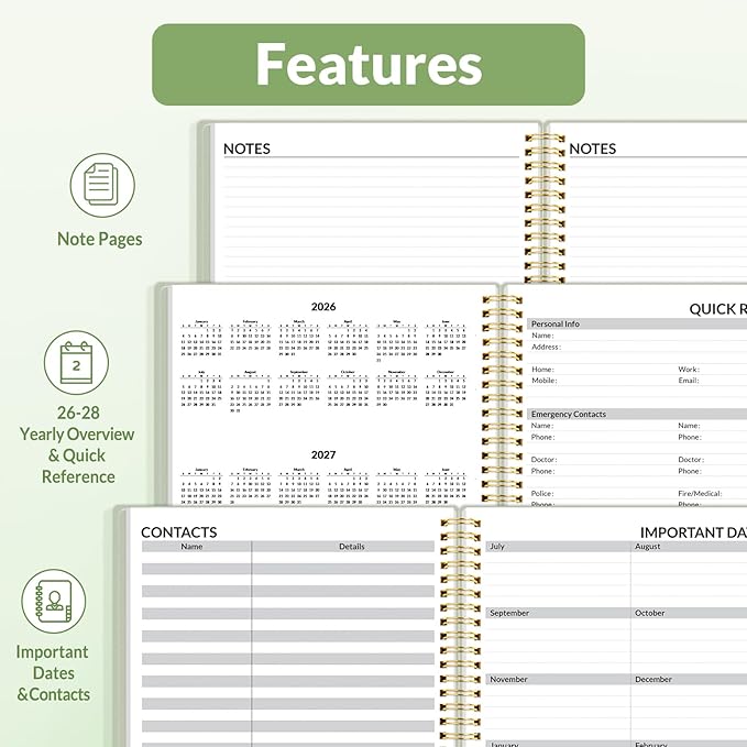SUNEE 2026 Weekly and Monthly Planner - from January 2026 - December 2026, Daily Agenda Planner with Monthly Tab, Flexible Cover, Note Pages, Pockets, Bookmark, Spiral Binding, Sage Green, 8.5"x11"