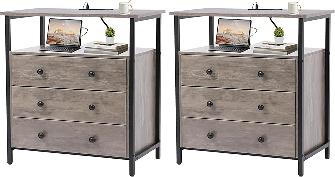 Edbuosy 3 Wooden Drawers Nightstand, 27 Inch Wide Night Stand Set 2 with Charging Station and Adjustable Drawers, Small Dresser for Closet, Bedside Table for Living Room/Bedroom/Office, Gray.