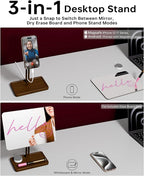 YEOUX Premium Desktop Glass Mirror, Dry Erase Board & Magnetic Phone Stand 3-in-1 | 360° Adjustable | Solid Wood | Compatible with MagSafe, Small Whiteboard for Office Home Desk