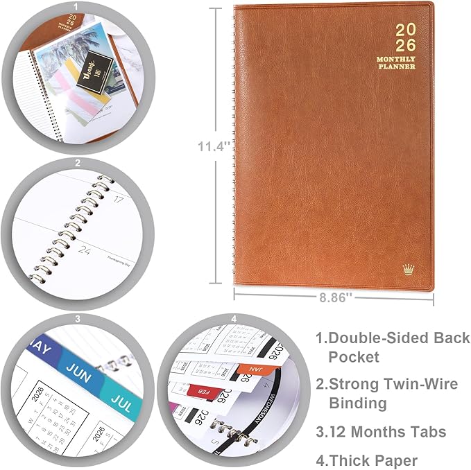 2026 Monthly Planner - 2026 Calendar/Planner 12 Months with Faux Leather, 8.86" x 11.4", Jan.2026 - Dec.2026, 15 Notes Pages, Strong Twin - Wire Binding, Pocket, Monthly Tabs, Perfect Organizer