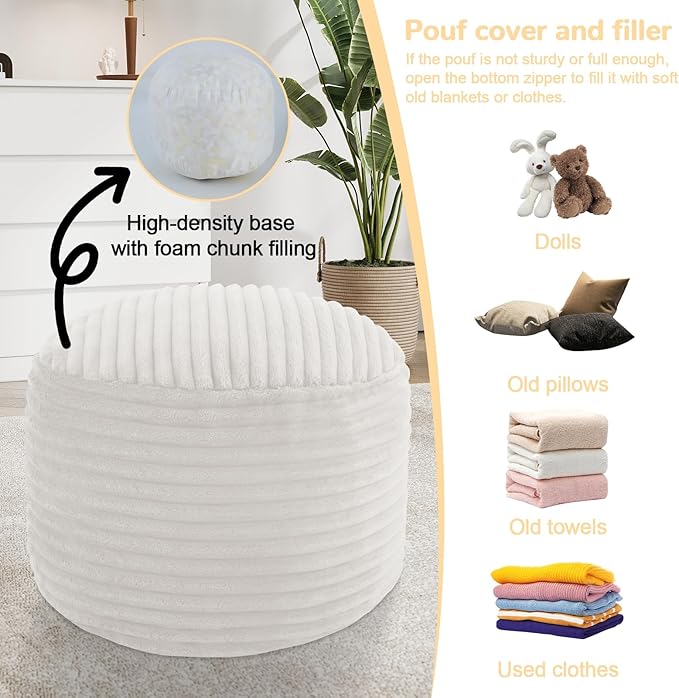 MeMoreCool Stuffed Round Pouf Ottoman Foot Rest, Soft Plush Floor Pouf Foot Stool, Corduray Footstool Footrest, Small Round Ottoman for Living Room Couch Sofa Chair, 20x15 Inch Beige