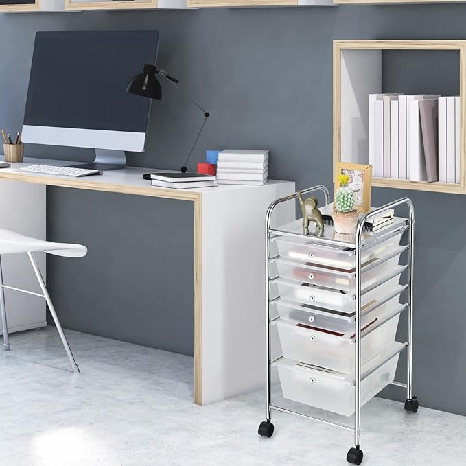 Giantex 6 Storage Drawer Cart Rolling Organizer Cart for Tools Scrapbook Paper Home Office School Multipurpose Mobile Utility Cart (Clear White)