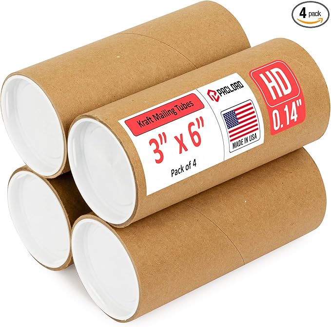 Paclord 3" x 6" Heavy-Duty Reinforced Cardboard Mailing Tube, Pack of 4 Tubes with 8 Caps – Secure USPS Approved – Great for Shipping and Storing of Prints, Artwork, Posters or Documents